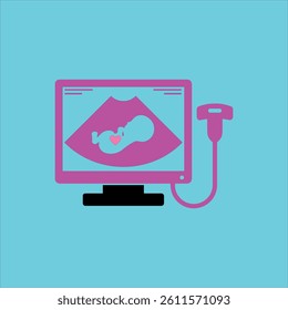 Colorful vector of ultrasound machine showing fetus with heart symbol, representing prenatal care, pregnancy monitoring. Perfect for use in healthcare, maternity services, pregnancy related content