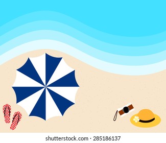 colorful vector of umbrella, slippers, camera and yellow hat on the beach in summer holiday from top view