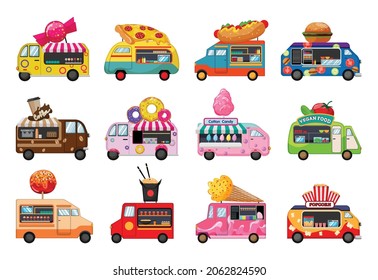 Colorful vector vans selling food. Detailed illustrations for creating prints.