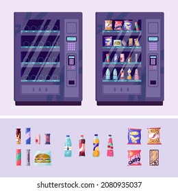 Colorful vector vending machine full of snacks and beverages. Empty equipment with collection of elements. Cartoon set of snack, can, sandwich, burger, candy, chocolate bar, soda. Front view.