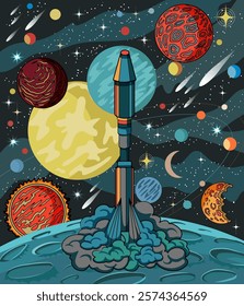 Ilustração vertical vetorial colorida com lançamento de navios ou foguetes da superfície do planeta contra o universo espacial retro futuro com estrelas, conceito de ficção científica