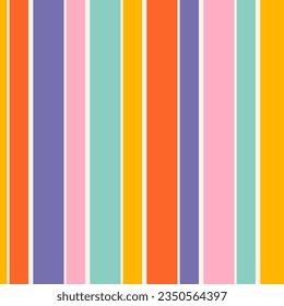 Colorful vector vertical stripes pattern. Simple seamless texture with thick straight lines. Stylish abstract geometric striped background in bright colors, yellow, pink, orange, purple, turquoise