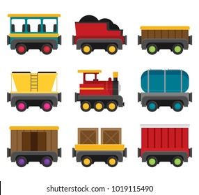 Colorful vector wagons for a train. Flat style set.