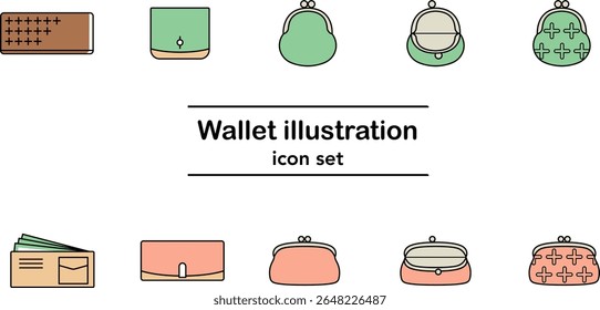 Colorido vetor carteira ícone conjunto incluindo bolsas de fecho, carteiras longas e carteiras de duas dobras em design bonito e elegante isolado no fundo branco