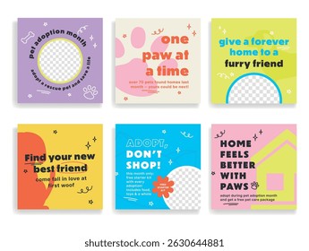 Colorful vector web banners highlight pet adoption month, encouraging individuals to adopt pets in need of forever homes through appealing phrases and designs.