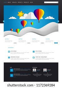 Colorful Vector Website with Origami Paper Clouds and Sky Header Design.