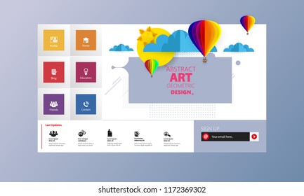 Colorful Vector Website with Origami Paper Clouds and Sky Header Design.