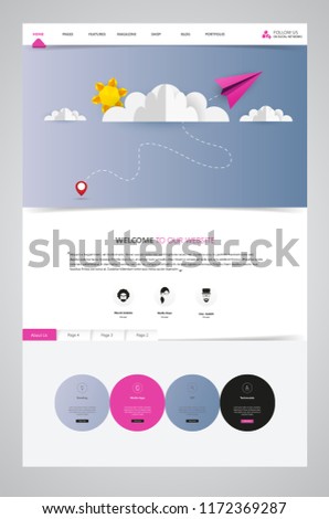 Colorful Vector Website with Origami Paper Clouds and Sky Header Design.