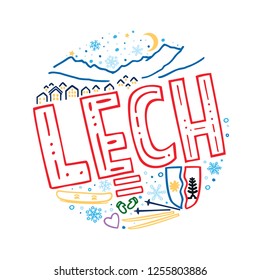 Colorful vector winter illustration of Lech, Austria. Round pattern with symbols and landscape of Lech with isolated elements. Can be used as a sticker, print for t shirts, posters, cards, articles