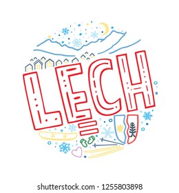 Colorful vector winter illustration of Lech, Austria. Round pattern with symbols and landscape of Lech with isolated elements. Can be used as a sticker, print for t shirts, posters, cards, articles