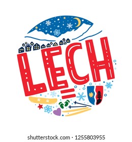 Colorful vector winter illustration of Lech, Austria. Round pattern with symbols and landscape of Lech with isolated elements. Can be used as a sticker, print for t shirts, posters, cards, articles