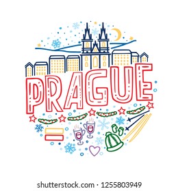 Colorful vector winter illustration of Prague. Round pattern with symbols and landscape of Prague with isolated elements. Can be used as a sticker, print for t shirts, posters, cards, articles