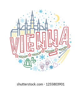 Colorful vector winter illustration of Vienna. Round pattern with symbols and landscape of Vienna with isolated elements. Can be used as a sticker, print for t shirts, posters, cards, articles