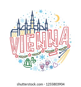 Colorful vector winter illustration of Vienna. Round pattern with symbols and landscape of Vienna with isolated elements. Can be used as a sticker, print for t shirts, posters, cards, articles