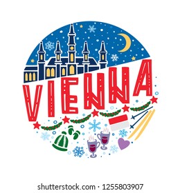 Colorful vector winter illustration of Vienna. Round pattern with symbols and landscape of Vienna with isolated elements. Can be used as a sticker, print for t shirts, posters, cards, articles