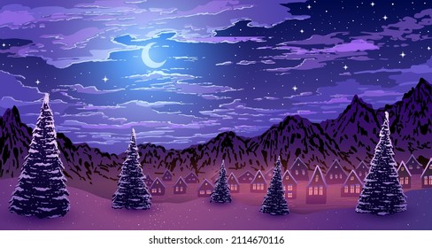 Colorful vector winter night landscape background. Village among snowy mountains and pine trees