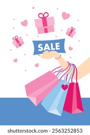 A colorful vector of a woman holding a bright blue and pink shopping bag with a "SALE" tag in her hand. Gift boxes are scattered around, creating a festive shopping vibe.