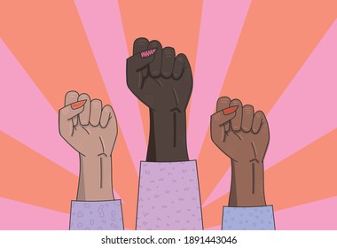 Vector colorido Los puños de las mujeres con diferente color de piel. Símbolo de poder y protesta. Igualdad racial, diversidad, ilustración de la tolerancia. Diseño plano. Se puede utilizar para fondos, impresiones, carteles