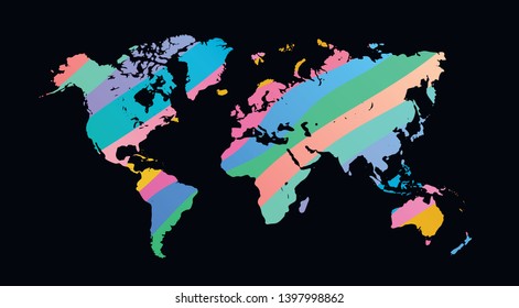 Colorful vector world map. North and South America, Asia, Europe, Africa, Australia