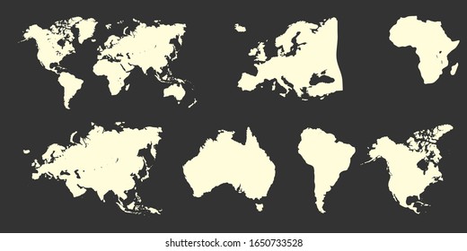 Colorful vector world map. North and South America, Asia, Europe, Africa, Australia