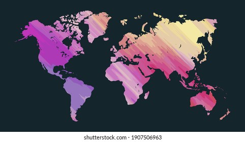 Colorful vector world map. North and South America, Asia, Europe, Africa, Australia. 
