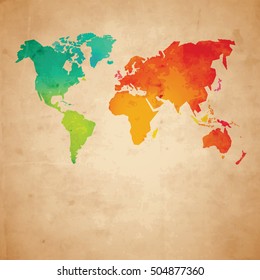 Colorful vector world map on aged paper texture