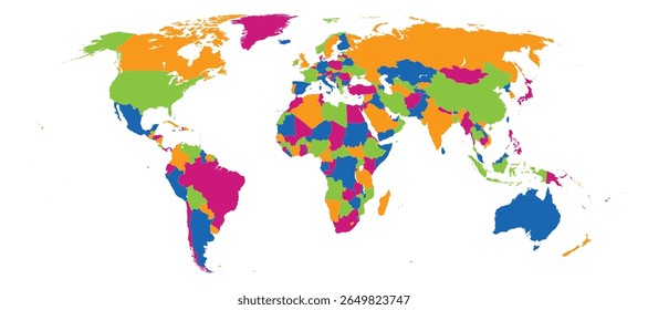 Colorful vector world map showing all countries with distinct borders. Flat style ideal for education, infographics, presentations, and geographical data visualization.