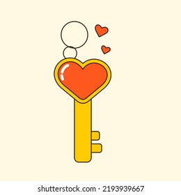 Colorful vector y2k heart key pendant. 90s 00s cute accessory for girls. Vintage groovy necklace. Funky bijouterie illustration