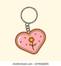 Colorful vector y2k heart key pendant. 90s 00s cute keyholder accessory for girls. Vintage groovy trinket with flower. Funky bijouterie illustration