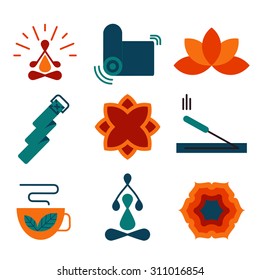 Colorful vector yoga icons and badges in high contrast colors. For spa center or yoga studio.