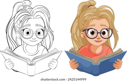 Colorful vector of a young girl reading intently
