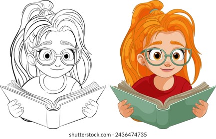 Vector colorido de una niña leyendo atentamente