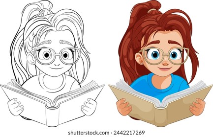 Colorful vector of a young girl reading intently