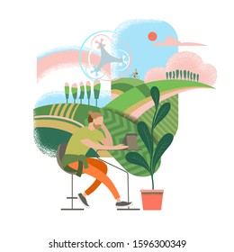Colorful vector young man character  planning  summer vacations. 

