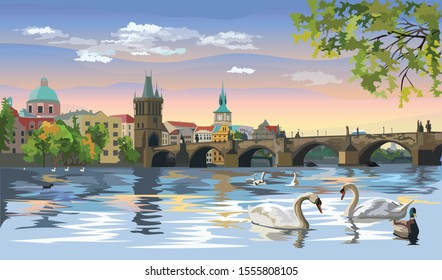 Colorful vectorIllustration Cityscape of Charles Bridge and swans in Vltava river in Prague. Landmark of Prague, Czech Republic. Colorful vector illustration of Landmark of Prague.
