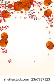 Colorful Vegetable Background Light Vector. Gold Vintage Set. Orange Leaves Picking Border. Gourd Invitation. November Card.