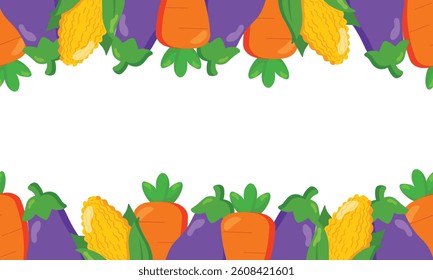 Colorful vegetable border with carrots, eggplants, and corn, perfect for farm market flyers, eco posters, recipe cards, food packaging and kitchen decor