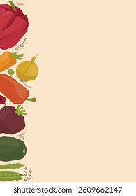 Colorful Vegetable Border Vector IllustrationVibrant vector illustration of a colorful vegetable border on a light background. Features red pepper, carrots, onions, beetroot, zucchini, and peas, enhan
