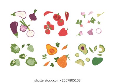 Colorful vegetable collection featuring eggplant, tomato, bell pepper, and avocado.