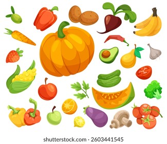 Colorful vegetable and fruit set on white background. Vector illustration