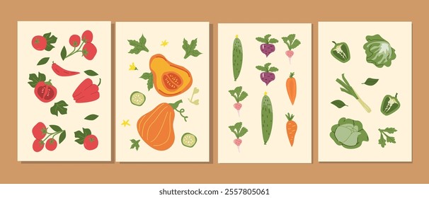 Colorful vegetable and herb illustrations in a four-panel arrangement.