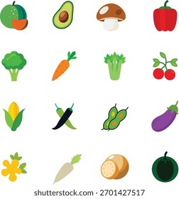 Farbiges Gemüse-Symbol-Set - Frische Bio-Lebensmittel-Vektorgrafik-Kollektion