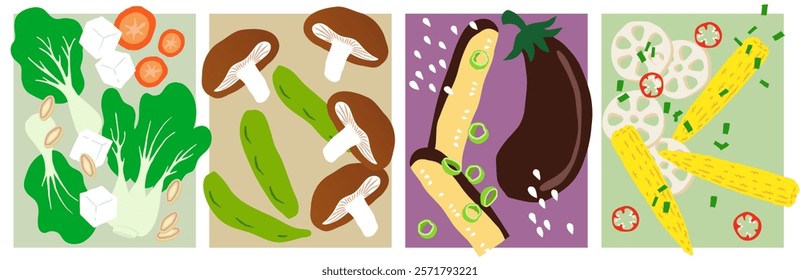 Colorful Vegetable Illustrations: Bok choi, toft, carrots, thai lemongrass, edamame or green beans, shitake mushrooms, aubergine, baby corn, lotus root.