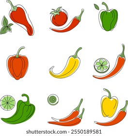 Coloridas ilustraciones de verduras con pimientos, chile, tomates y rodajas de lima en un estilo moderno y minimalista.