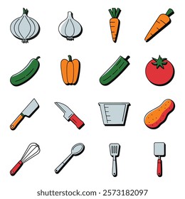 Colorful Vegetable and Kitchen Tool Icons. A vibrant set of illustrated icons featuring vegetables and essential kitchen tools, perfect for culinary or recipe-themed designs.