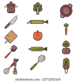 Colorful Vegetable and Kitchen Utensil Icons. A vibrant set of illustrated icons featuring vegetables and essential kitchen tools, perfect for culinary or recipe-themed designs.