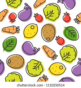 Colorful vegetable line seamless pattern, Chinese cabbage, eggplant, lemon, tomato, potato and carrot