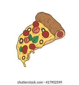 Colorful Vegetable and Meat Pizza Slice With Doodle Style on White Background