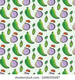 Colorful Vegetable Pattern With Peppers, Figs, Beans, and Leaves