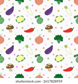 Colorful Vegetable Pattern: Seamless Repeat Design with Broccoli, Onions, Eggplant, Carrots, and Mushrooms for Textiles and Culinary Themes